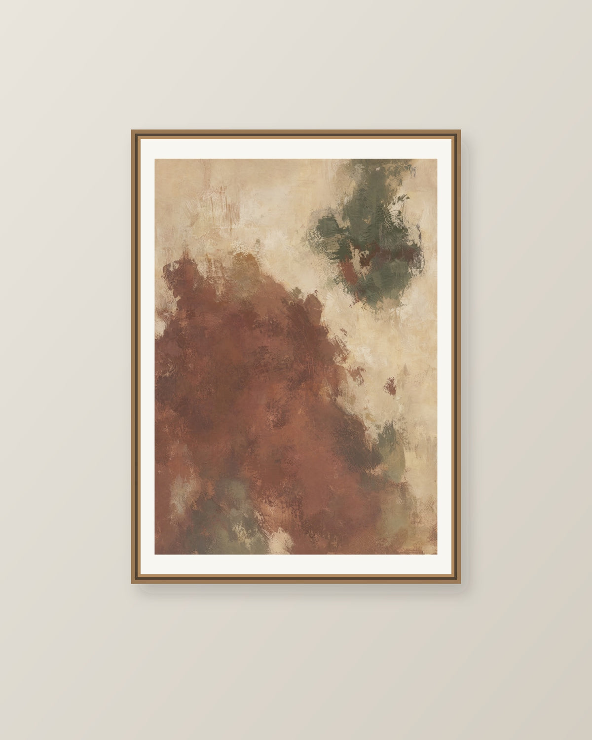Abstrakt måleriskt motiv i ljus varm beige, dämpad vinrödbrun, brungrön. Ett fylligt, oregelbundet färgfält får tyngd av skrapade lager och bryts av ljusare öppningar. Illustrerad inramningsvy. Ram ingår inte.
