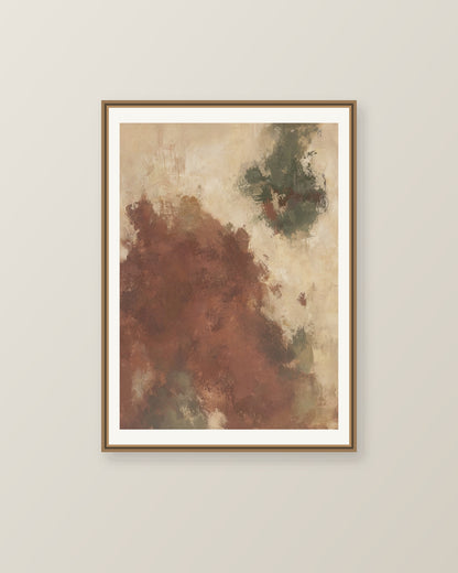 Abstrakt måleriskt motiv i ljus varm beige, dämpad vinrödbrun, brungrön. Ett fylligt, oregelbundet färgfält får tyngd av skrapade lager och bryts av ljusare öppningar. Illustrerad inramningsvy. Ram ingår inte.