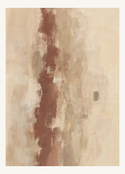 Abstrakt måleriskt motiv i ljus varm beige, dämpad vinrödbrun, brungrön. Ett brutet lodrätt färgstråk möter tunna utsuddade slöjor och en liten förskjuten accent. 50 × 70 cm.