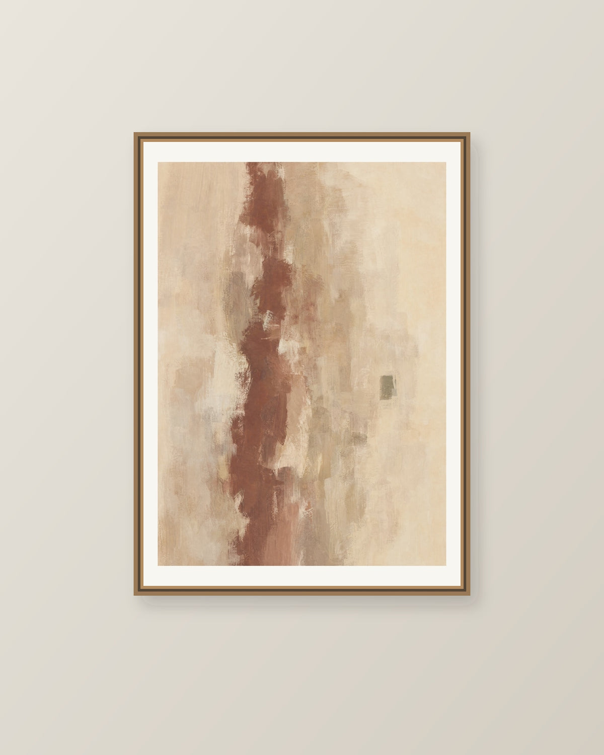 Abstrakt måleriskt motiv i ljus varm beige, dämpad vinrödbrun, brungrön. Ett brutet lodrätt färgstråk möter tunna utsuddade slöjor och en liten förskjuten accent. Illustrerad inramningsvy. Ram ingår inte.