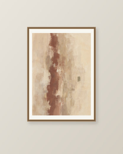 Abstrakt måleriskt motiv i ljus varm beige, dämpad vinrödbrun, brungrön. Ett brutet lodrätt färgstråk möter tunna utsuddade slöjor och en liten förskjuten accent. Illustrerad inramningsvy. Ram ingår inte.