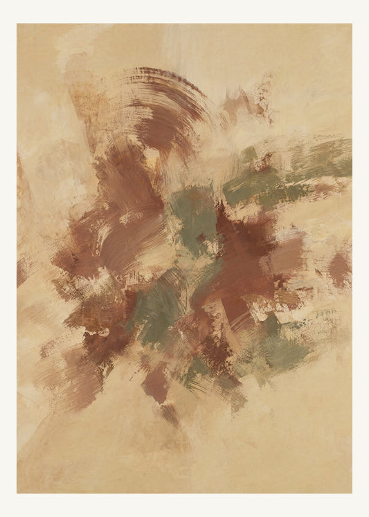 Abstrakt måleriskt motiv i ljus varm beige, dämpad vinrödbrun, brungrön. Korta, torra penseldrag möter en bredare rörelse i en färgrik mittpunkt med luft runt omkring. 50 × 70 cm.