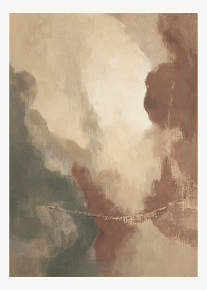Abstrakt måleriskt motiv i ljus varm beige, dämpad vinrödbrun, brungrön. Mjuka färgfält löser upp sig kring ett ljust mellanrum, med diskreta skrapningar som ger ytan liv. 50 × 70 cm.