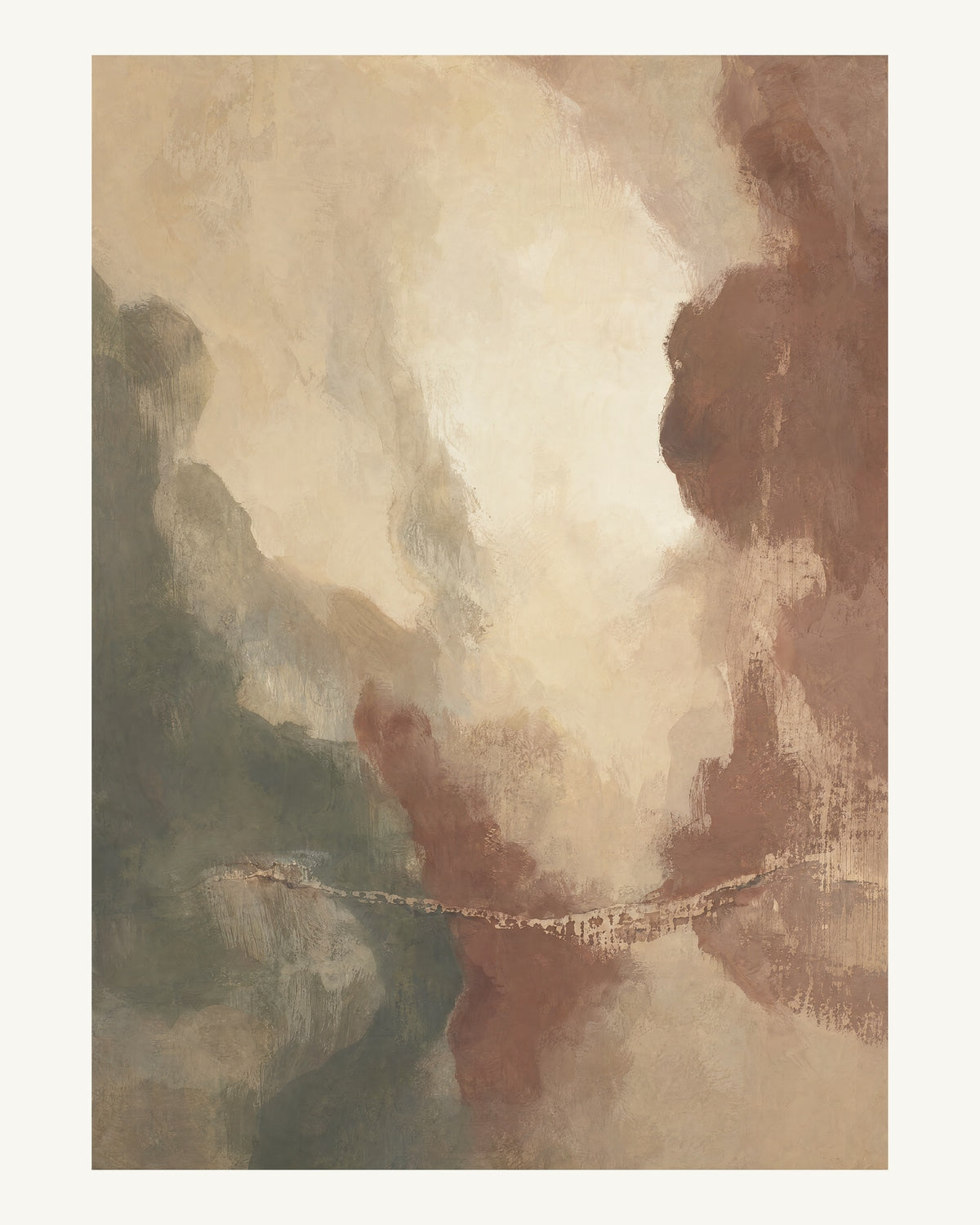 Abstrakt måleriskt motiv i ljus varm beige, dämpad vinrödbrun, brungrön. Mjuka färgfält löser upp sig kring ett ljust mellanrum, med diskreta skrapningar som ger ytan liv. 40 × 50 cm.
