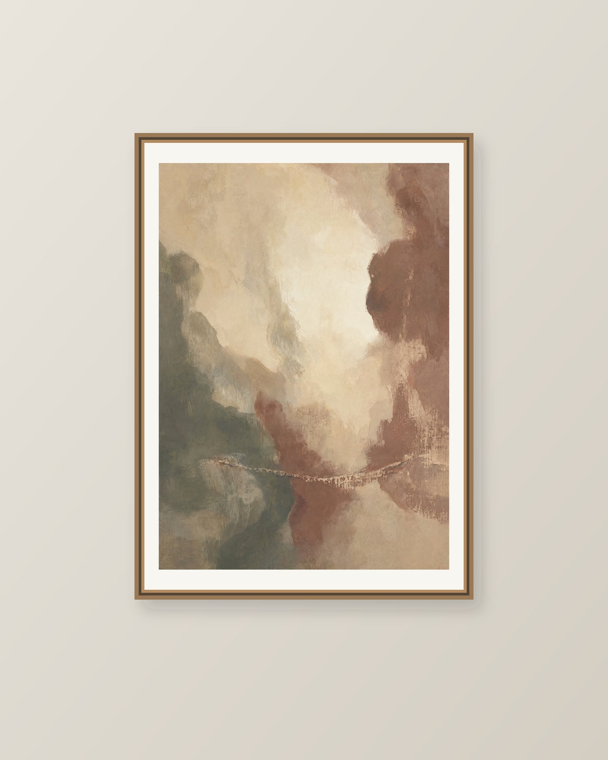 Abstrakt måleriskt motiv i ljus varm beige, dämpad vinrödbrun, brungrön. Mjuka färgfält löser upp sig kring ett ljust mellanrum, med diskreta skrapningar som ger ytan liv. Illustrerad inramningsvy. Ram ingår inte.