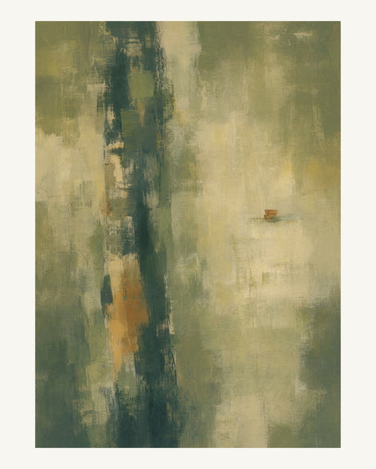Abstrakt måleriskt motiv i mörk skogsgrön, mossgrön, dämpad rostbrun, matt halmgul. Ett brutet lodrätt färgstråk möter tunna utsuddade slöjor och en liten förskjuten accent. 40 × 50 cm.