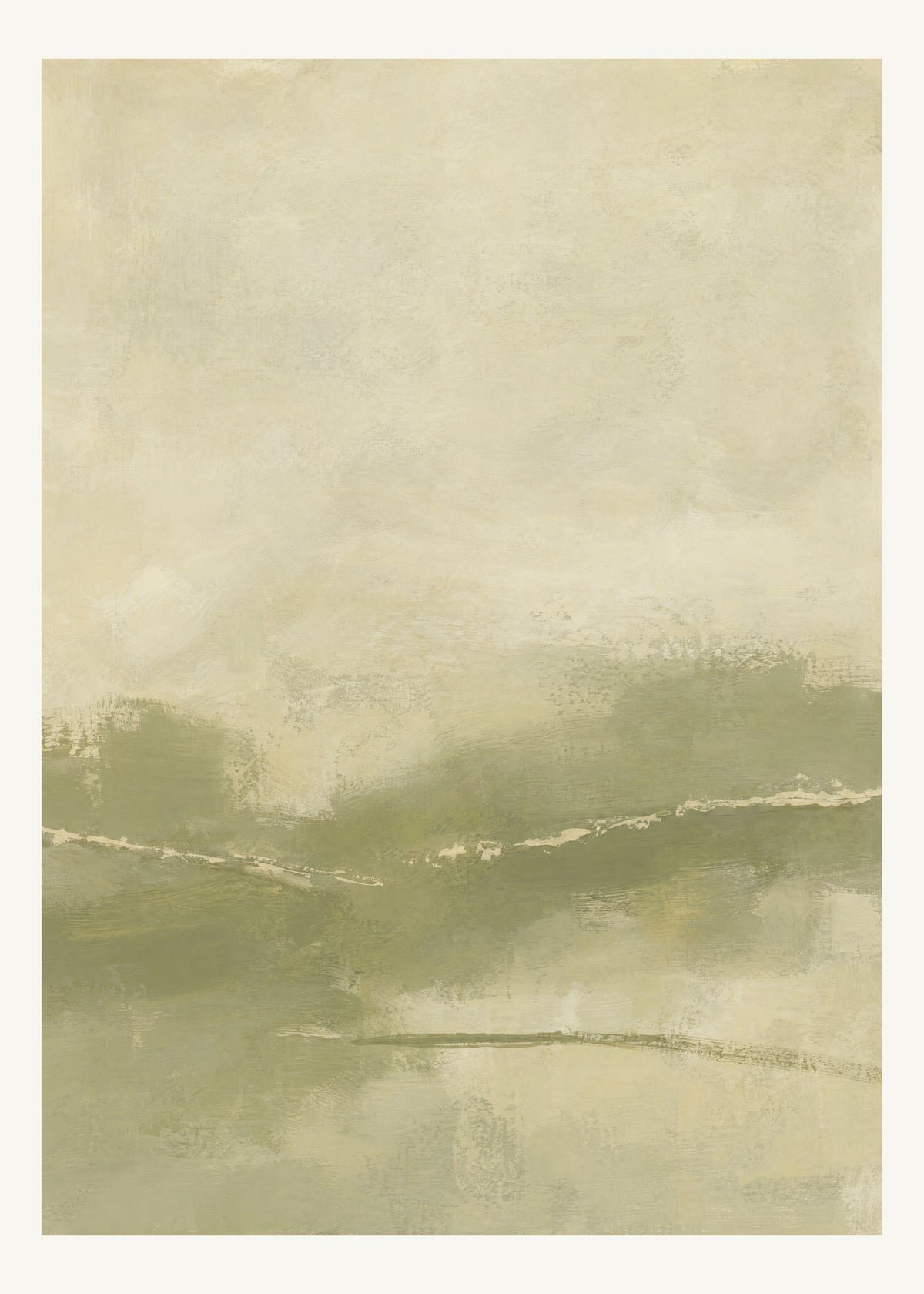 Abstrakt måleriskt motiv i dämpad gulgrön oliv, varm kräm. Breda, ojämna färglager möts kring en avbruten horisont och lämnar gott om ljus luft. 50 × 70 cm.