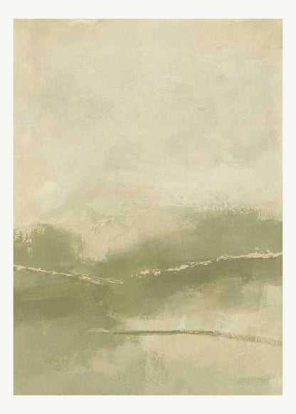 Abstrakt måleriskt motiv i dämpad gulgrön oliv, varm kräm. Breda, ojämna färglager möts kring en avbruten horisont och lämnar gott om ljus luft. 50 × 70 cm.