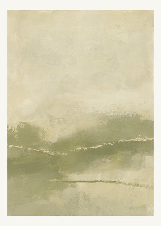 Abstrakt måleriskt motiv i dämpad gulgrön oliv, varm kräm. Breda, ojämna färglager möts kring en avbruten horisont och lämnar gott om ljus luft. 50 × 70 cm.