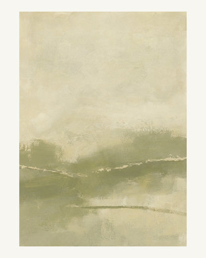 Abstrakt måleriskt motiv i dämpad gulgrön oliv, varm kräm. Breda, ojämna färglager möts kring en avbruten horisont och lämnar gott om ljus luft. 40 × 50 cm.