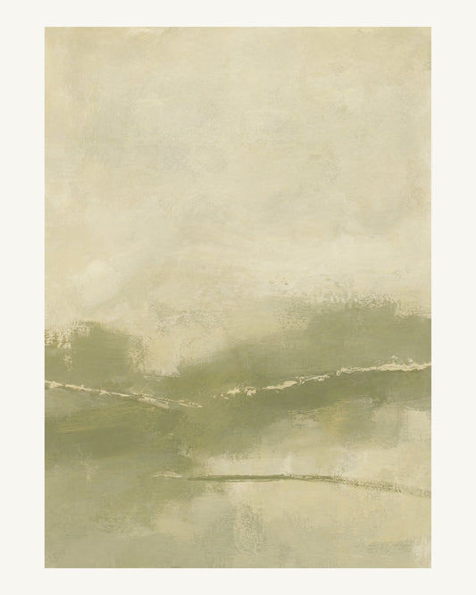 Abstrakt måleriskt motiv i dämpad gulgrön oliv, varm kräm. Breda, ojämna färglager möts kring en avbruten horisont och lämnar gott om ljus luft. 40 × 50 cm.