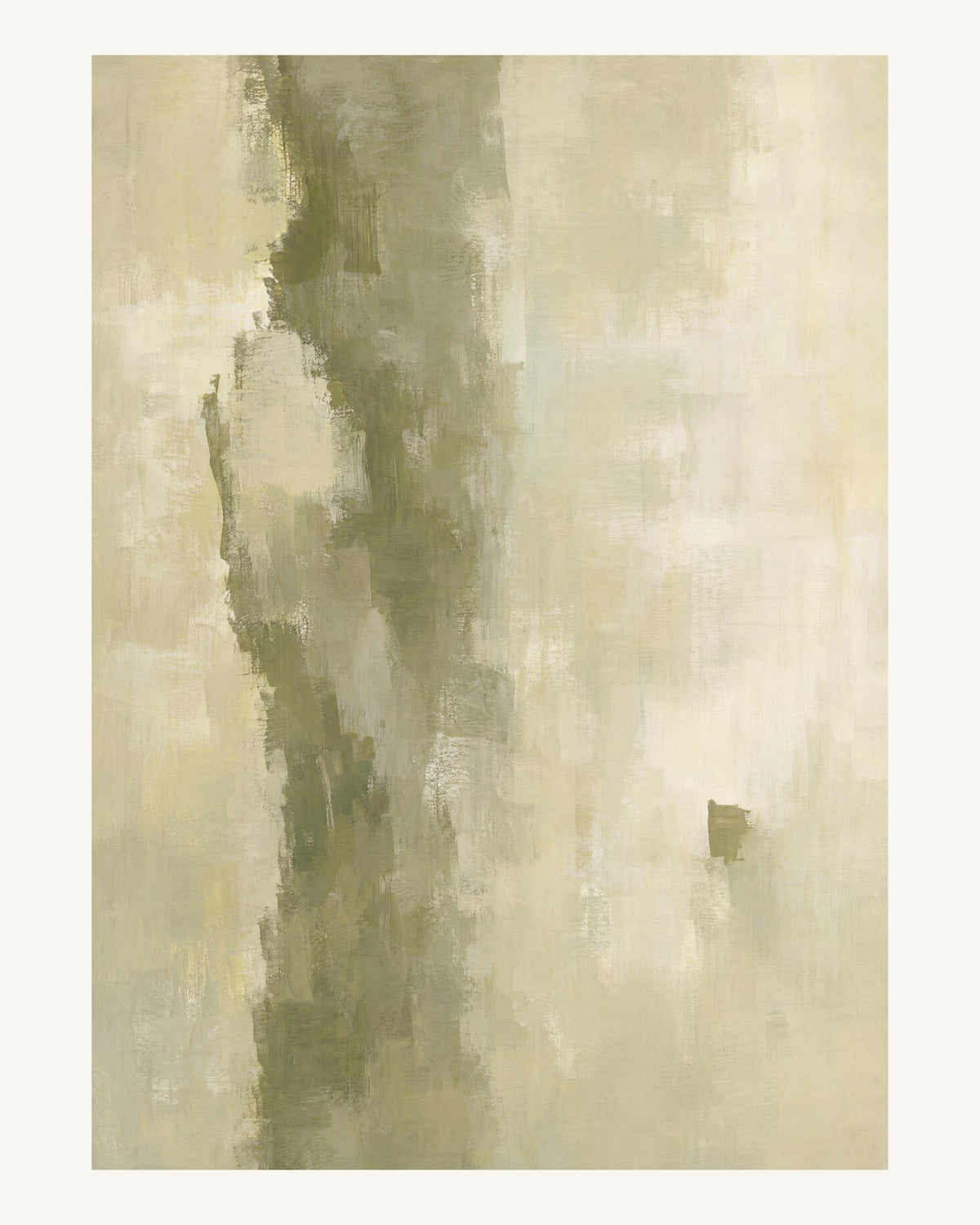 Abstrakt måleriskt motiv i dämpad gulgrön oliv, varm kräm. Ett brutet lodrätt färgstråk möter tunna utsuddade slöjor och en liten förskjuten accent. 40 × 50 cm.