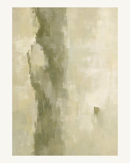 Abstrakt måleriskt motiv i dämpad gulgrön oliv, varm kräm. Ett brutet lodrätt färgstråk möter tunna utsuddade slöjor och en liten förskjuten accent. 40 × 50 cm.