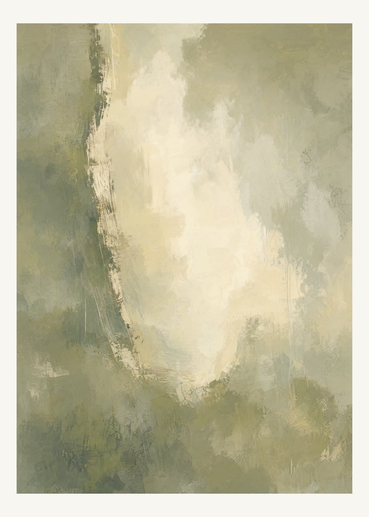 Abstrakt måleriskt motiv i dämpad gulgrön oliv, varm kräm. Mjuka färgfält löser upp sig kring ett ljust mellanrum, med diskreta skrapningar som ger ytan liv. 50 × 70 cm.