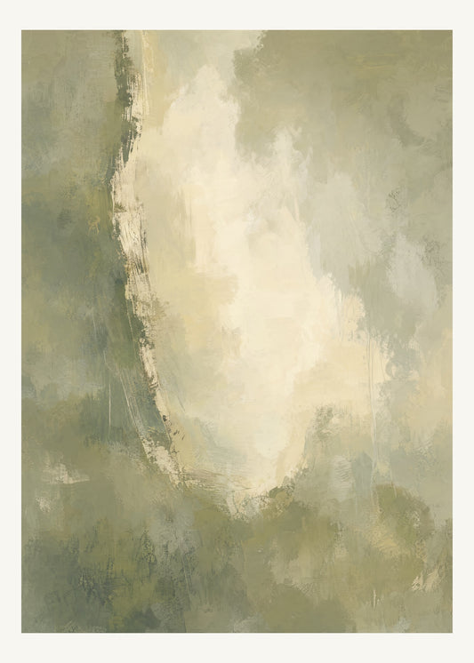 Abstrakt måleriskt motiv i dämpad gulgrön oliv, varm kräm. Mjuka färgfält löser upp sig kring ett ljust mellanrum, med diskreta skrapningar som ger ytan liv. 50 × 70 cm.