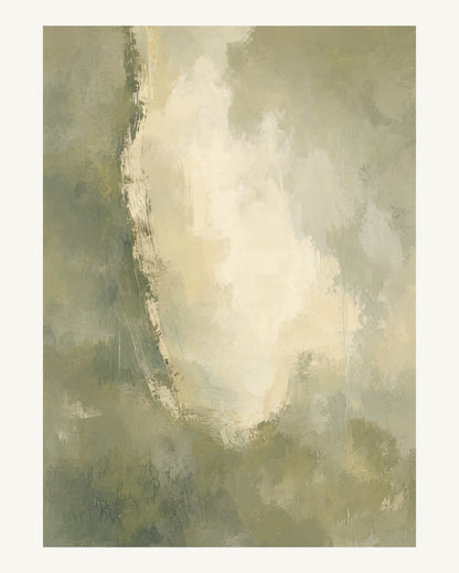 Abstrakt måleriskt motiv i dämpad gulgrön oliv, varm kräm. Mjuka färgfält löser upp sig kring ett ljust mellanrum, med diskreta skrapningar som ger ytan liv. 40 × 50 cm.