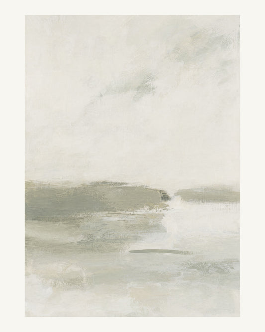 Abstrakt måleriskt motiv i bruten varmvit, ljus grågrön. Breda, ojämna färglager möts kring en avbruten horisont och lämnar gott om ljus luft. 40 × 50 cm.