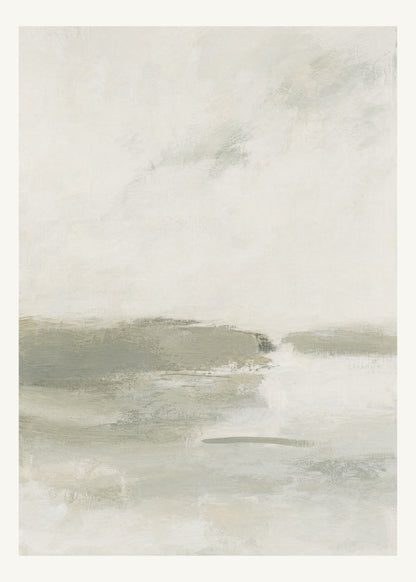 Abstrakt måleriskt motiv i bruten varmvit, ljus grågrön. Breda, ojämna färglager möts kring en avbruten horisont och lämnar gott om ljus luft. 50 × 70 cm.