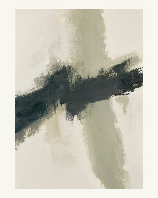 Abstrakt måleriskt motiv i bruten varmvit, ljus grågrön. Två olika penselrörelser möts i en öppen, asymmetrisk komposition med synliga underliggande färglager. 40 × 50 cm.
