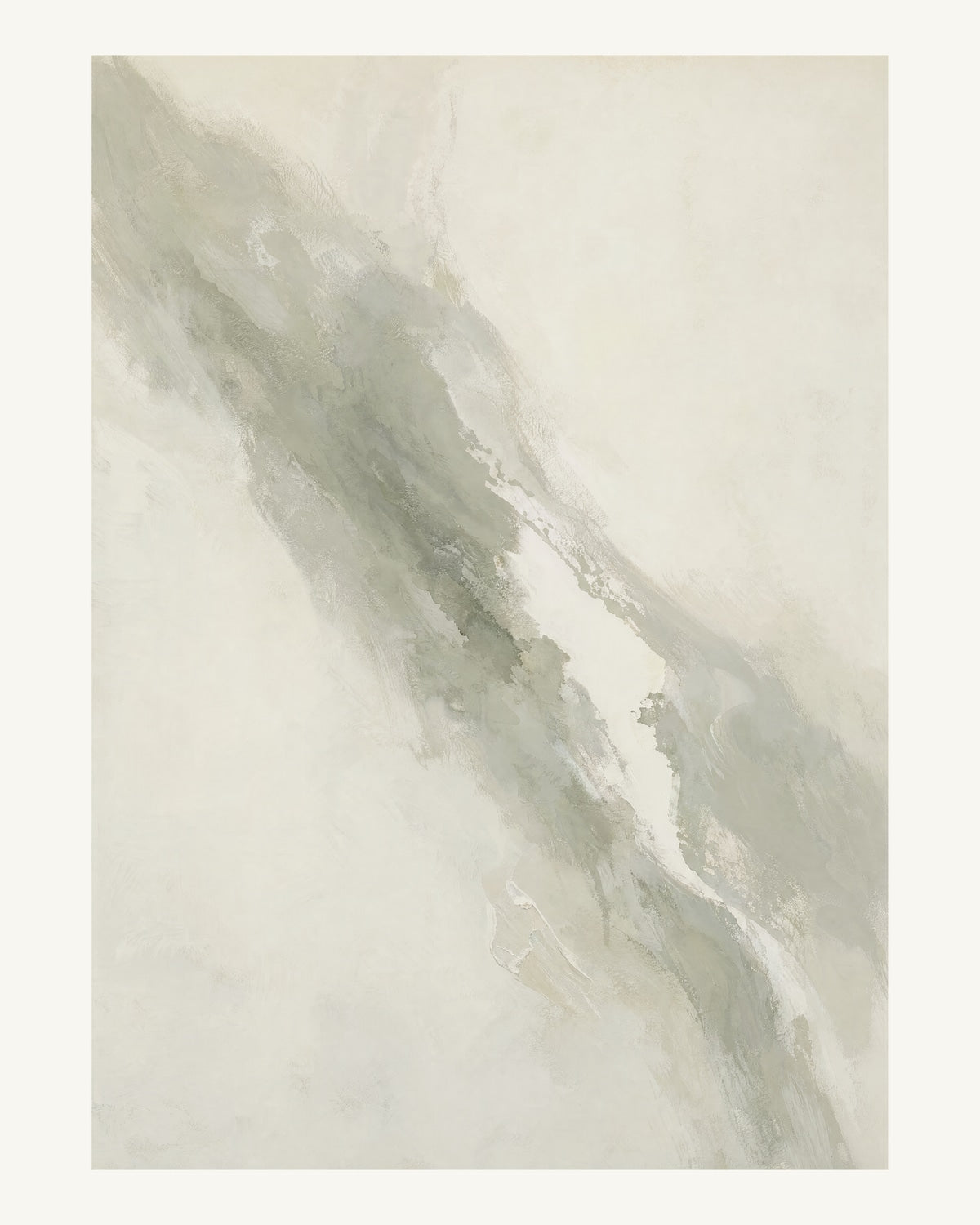 Abstrakt måleriskt motiv i bruten varmvit, ljus grågrön. Tunna färgslöjor glider diagonalt över ljusa partier, med ett tätare färgavtryck som motvikt. 40 × 50 cm.
