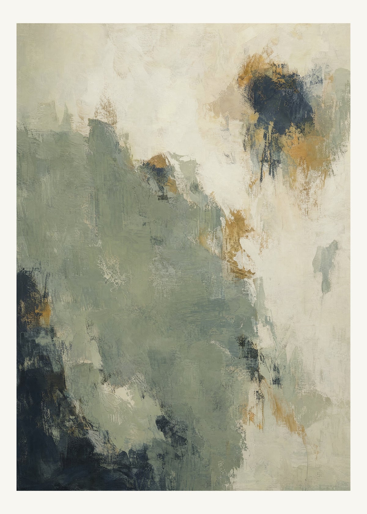 Abstrakt måleriskt motiv i bruten varmvit, ljus grågrön. Ett fylligt, oregelbundet färgfält får tyngd av skrapade lager och bryts av ljusare öppningar. 50 × 70 cm.