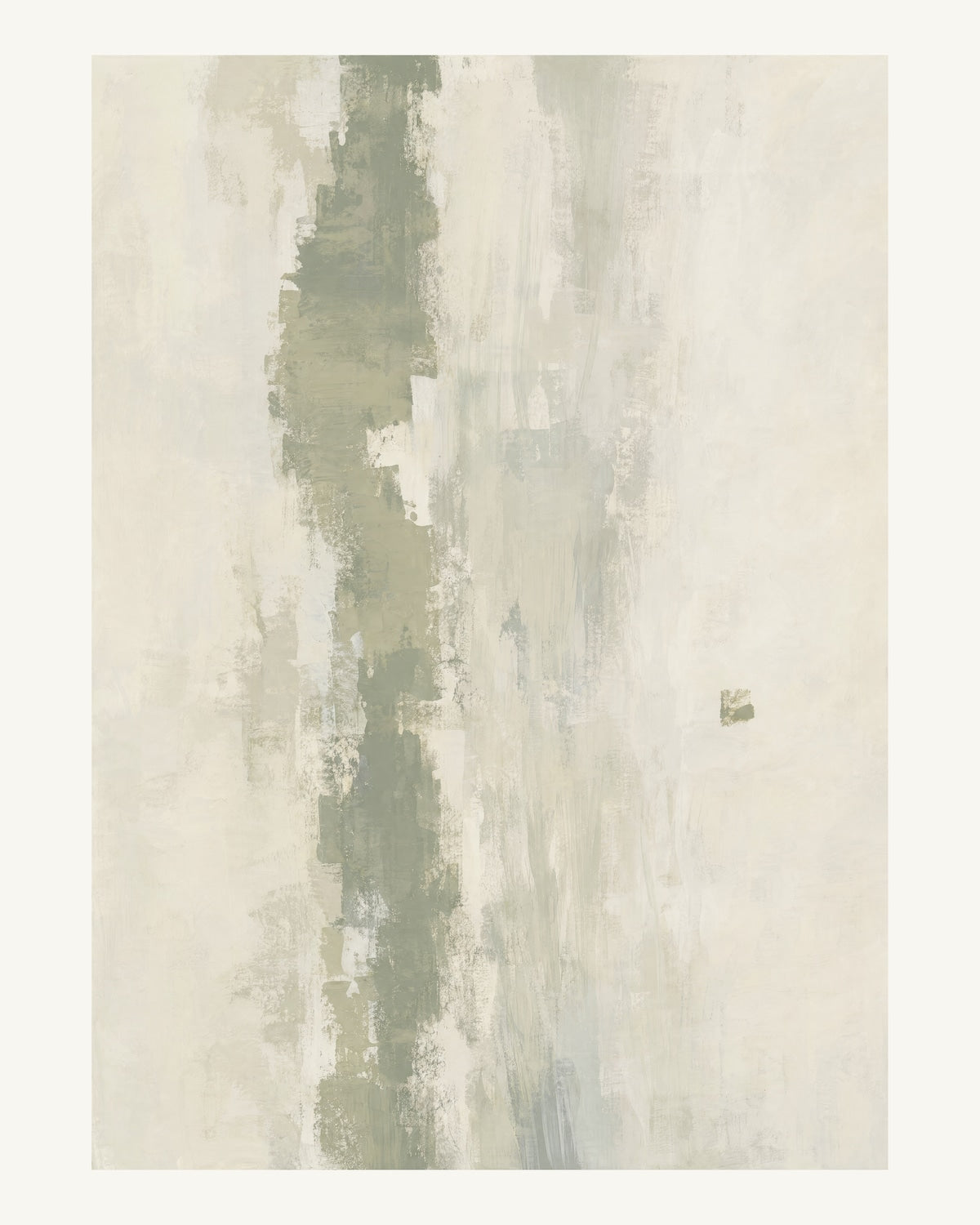Abstrakt måleriskt motiv i bruten varmvit, ljus grågrön. Ett brutet lodrätt färgstråk möter tunna utsuddade slöjor och en liten förskjuten accent. 40 × 50 cm.