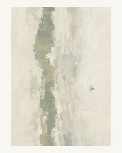 Abstrakt måleriskt motiv i bruten varmvit, ljus grågrön. Ett brutet lodrätt färgstråk möter tunna utsuddade slöjor och en liten förskjuten accent. 40 × 50 cm.