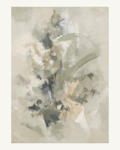 Abstrakt måleriskt motiv i bruten varmvit, ljus grågrön. Korta, torra penseldrag möter en bredare rörelse i en färgrik mittpunkt med luft runt omkring. 40 × 50 cm.