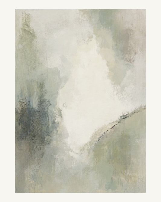 Abstrakt måleriskt motiv i bruten varmvit, ljus grågrön. Mjuka färgfält löser upp sig kring ett ljust mellanrum, med diskreta skrapningar som ger ytan liv. 40 × 50 cm.