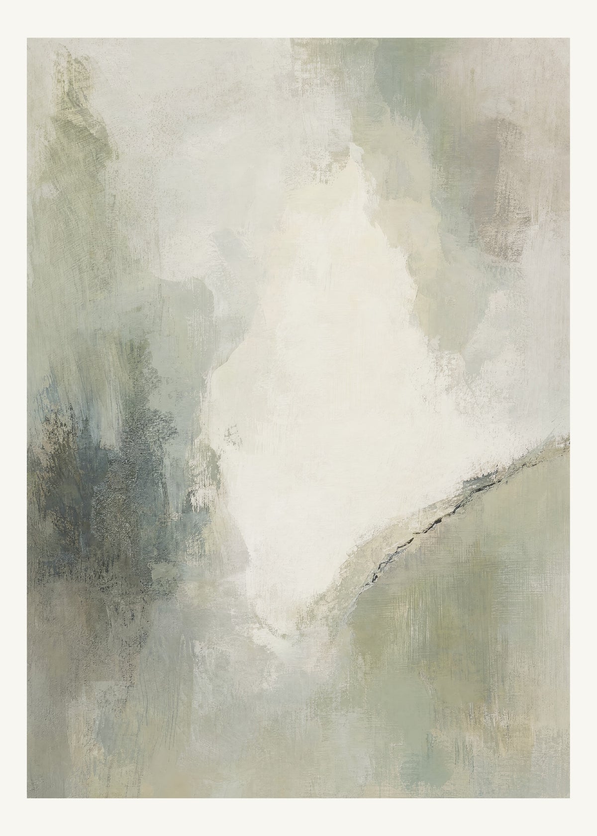 Abstrakt måleriskt motiv i bruten varmvit, ljus grågrön. Mjuka färgfält löser upp sig kring ett ljust mellanrum, med diskreta skrapningar som ger ytan liv. 50 × 70 cm.