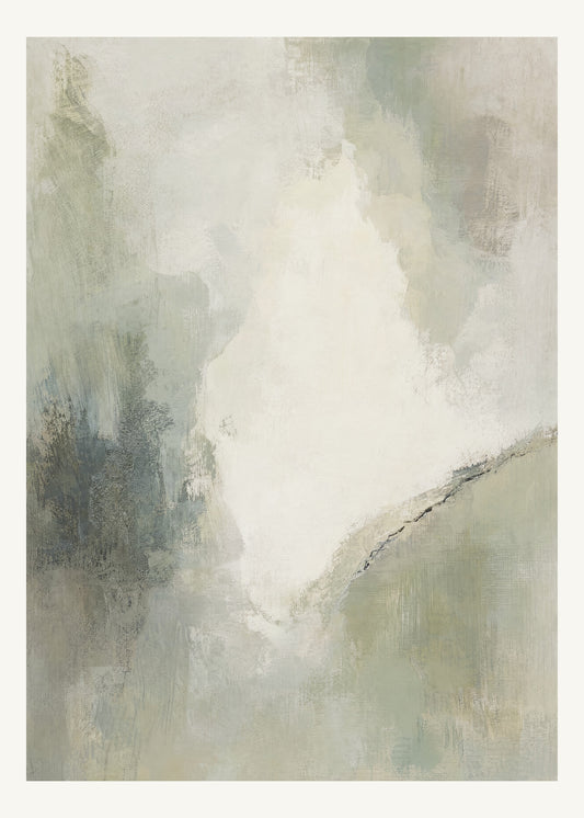 Abstrakt måleriskt motiv i bruten varmvit, ljus grågrön. Mjuka färgfält löser upp sig kring ett ljust mellanrum, med diskreta skrapningar som ger ytan liv. 50 × 70 cm.