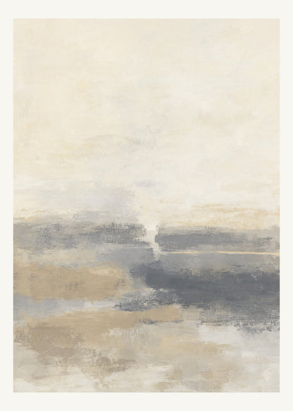 Abstrakt måleriskt motiv i varm vit, mjuk skiffergrå, sandbeige, blek vaniljgul. Breda, ojämna färglager möts kring en avbruten horisont och lämnar gott om ljus luft. 50 × 70 cm.