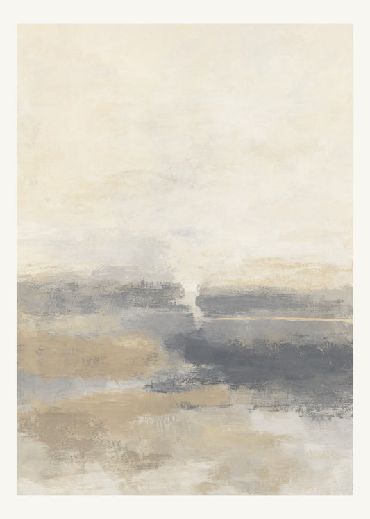 Abstrakt måleriskt motiv i varm vit, mjuk skiffergrå, sandbeige, blek vaniljgul. Breda, ojämna färglager möts kring en avbruten horisont och lämnar gott om ljus luft. 50 × 70 cm.