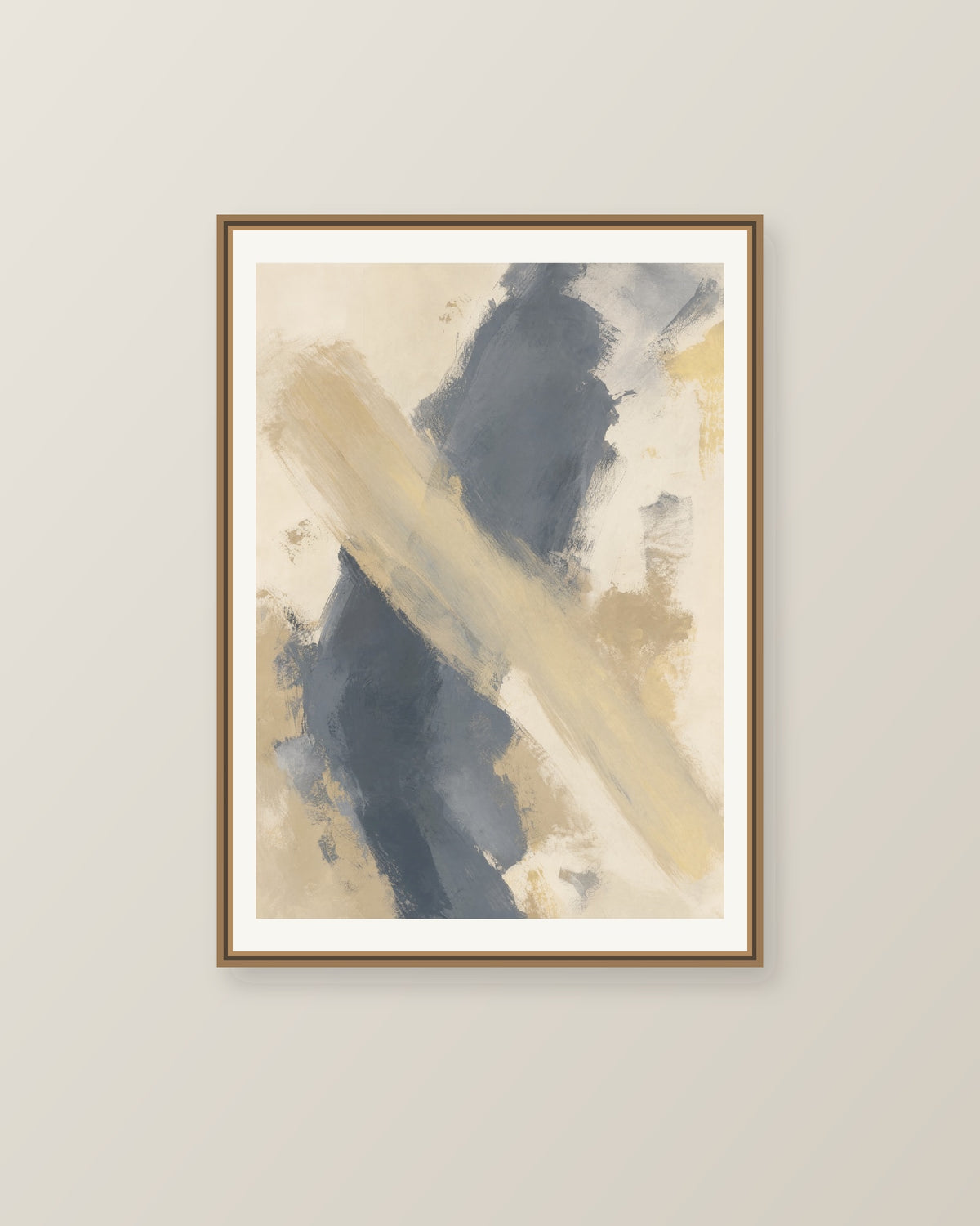 Abstrakt måleriskt motiv i varm vit, mjuk skiffergrå, sandbeige, blek vaniljgul. Två olika penselrörelser möts i en öppen, asymmetrisk komposition med synliga underliggande färglager. Illustrerad inramningsvy. Ram ingår inte.