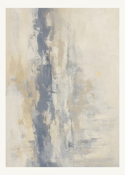 Abstrakt måleriskt motiv i varm vit, mjuk skiffergrå, sandbeige, blek vaniljgul. Ett brutet lodrätt färgstråk möter tunna utsuddade slöjor och en liten förskjuten accent. 50 × 70 cm.