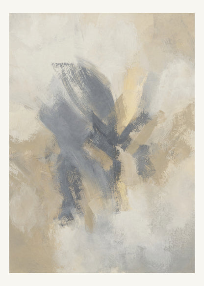 Abstrakt måleriskt motiv i varm vit, mjuk skiffergrå, sandbeige, blek vaniljgul. Korta, torra penseldrag möter en bredare rörelse i en färgrik mittpunkt med luft runt omkring. 50 × 70 cm.