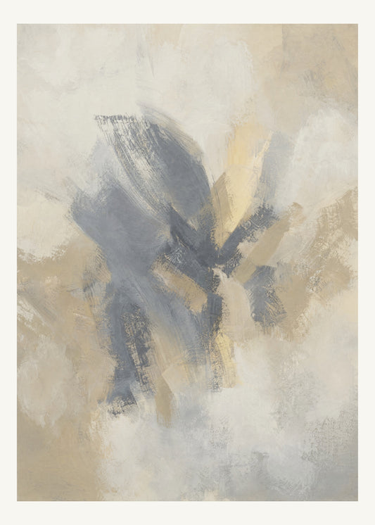 Abstrakt måleriskt motiv i varm vit, mjuk skiffergrå, sandbeige, blek vaniljgul. Korta, torra penseldrag möter en bredare rörelse i en färgrik mittpunkt med luft runt omkring. 50 × 70 cm.