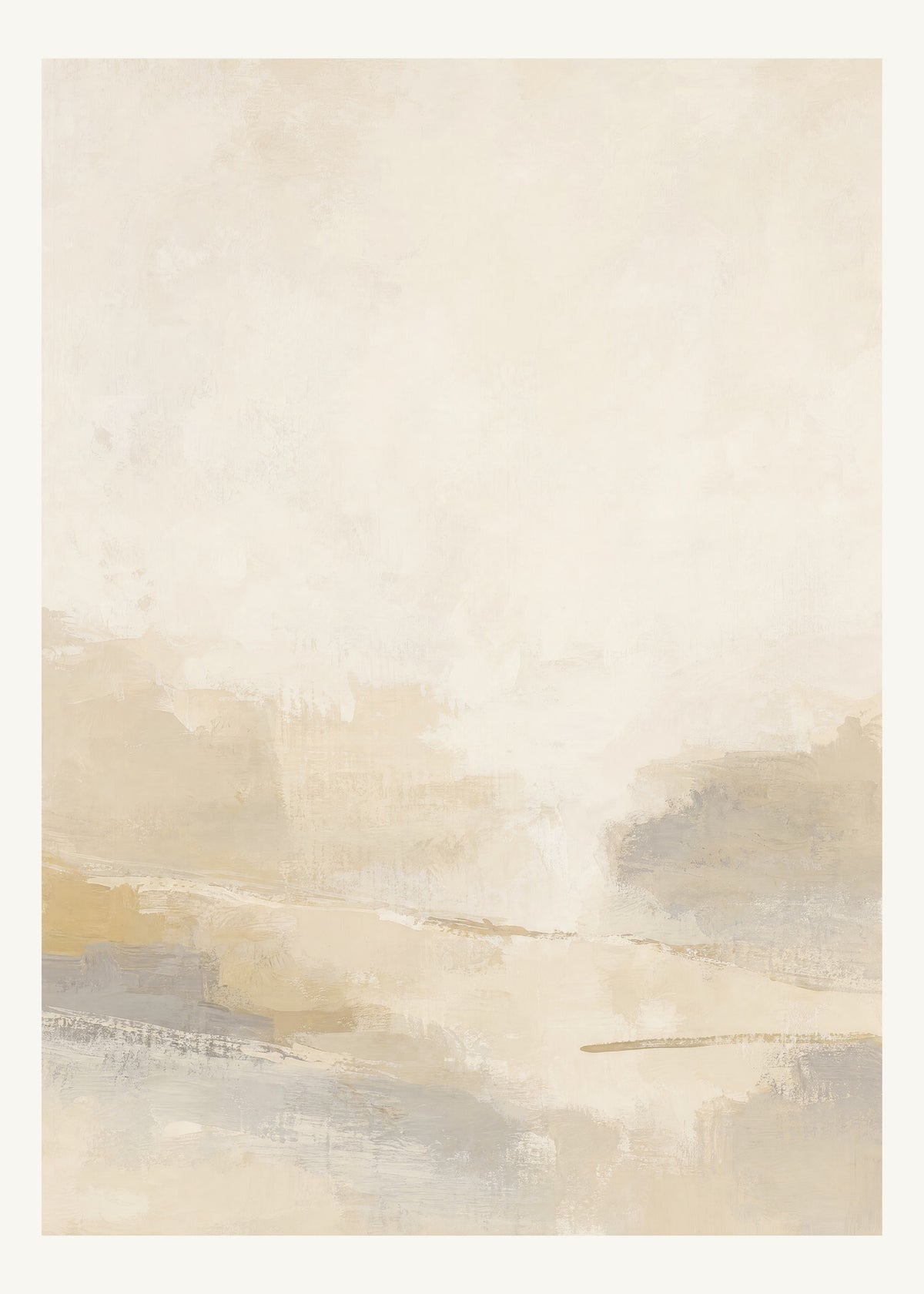 Abstrakt måleriskt motiv i elfenbensbeige, varm pärlvit. Breda, ojämna färglager möts kring en avbruten horisont och lämnar gott om ljus luft. 50 × 70 cm.