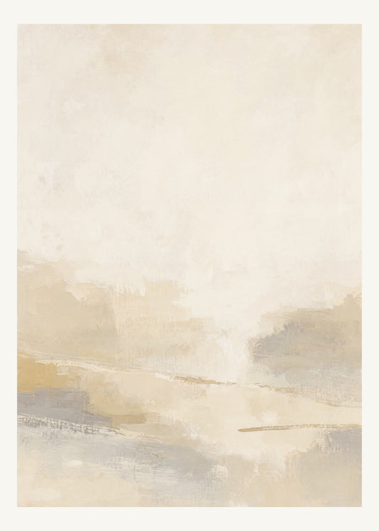 Abstrakt måleriskt motiv i elfenbensbeige, varm pärlvit. Breda, ojämna färglager möts kring en avbruten horisont och lämnar gott om ljus luft. 50 × 70 cm.