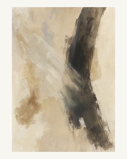 Abstrakt måleriskt motiv i elfenbensbeige, varm pärlvit. Två olika penselrörelser möts i en öppen, asymmetrisk komposition med synliga underliggande färglager. 40 × 50 cm.