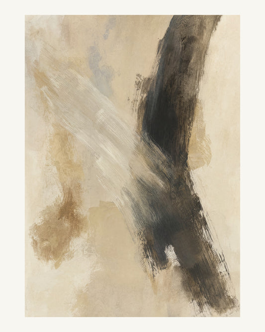 Abstrakt måleriskt motiv i elfenbensbeige, varm pärlvit. Två olika penselrörelser möts i en öppen, asymmetrisk komposition med synliga underliggande färglager. 40 × 50 cm.