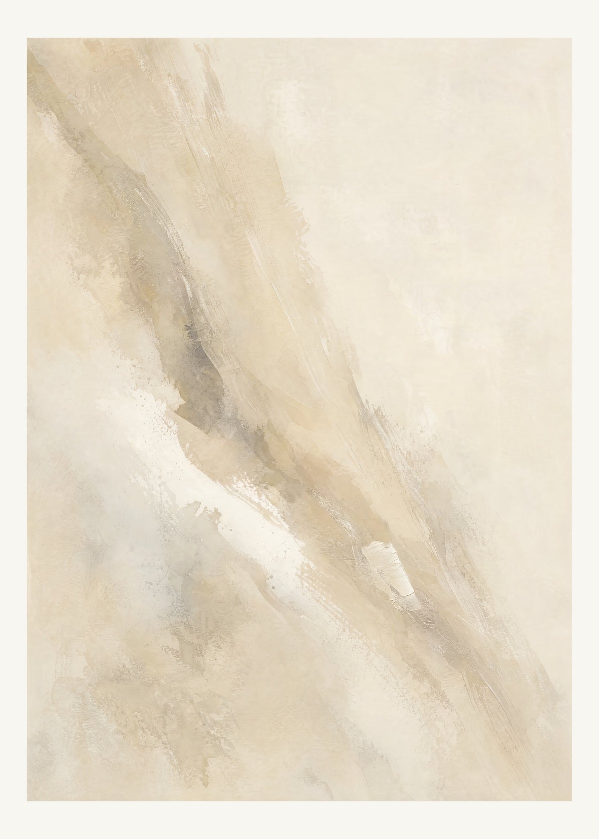 Abstrakt måleriskt motiv i elfenbensbeige, varm pärlvit. Tunna färgslöjor glider diagonalt över ljusa partier, med ett tätare färgavtryck som motvikt. 50 × 70 cm.