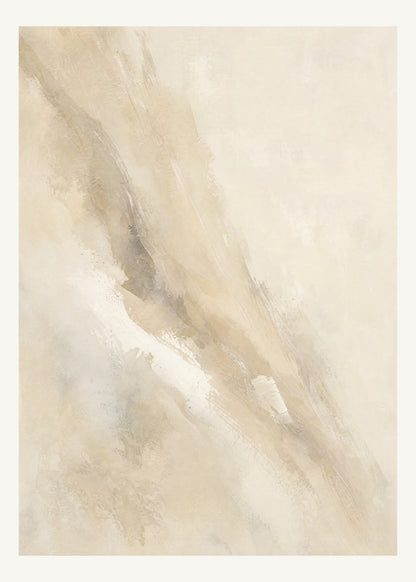 Abstrakt måleriskt motiv i elfenbensbeige, varm pärlvit. Tunna färgslöjor glider diagonalt över ljusa partier, med ett tätare färgavtryck som motvikt. 50 × 70 cm.