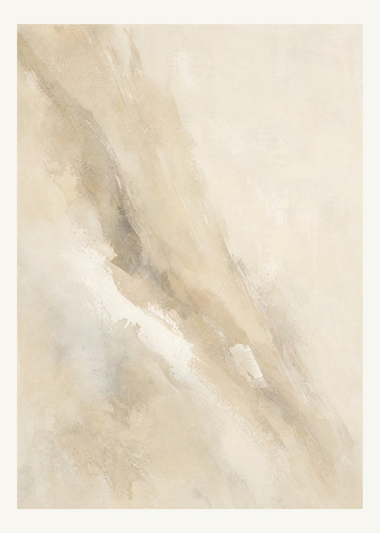 Abstrakt måleriskt motiv i elfenbensbeige, varm pärlvit. Tunna färgslöjor glider diagonalt över ljusa partier, med ett tätare färgavtryck som motvikt. 50 × 70 cm.
