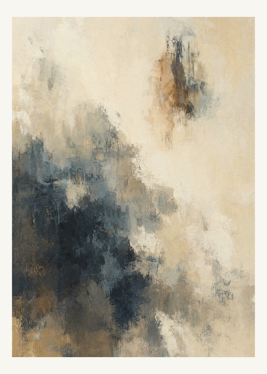Abstrakt måleriskt motiv i elfenbensbeige, varm pärlvit. Ett fylligt, oregelbundet färgfält får tyngd av skrapade lager och bryts av ljusare öppningar. 50 × 70 cm.