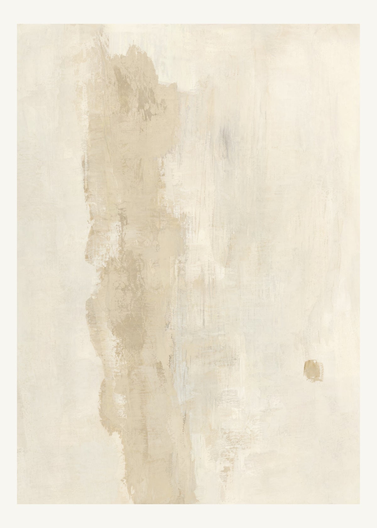 Abstrakt måleriskt motiv i elfenbensbeige, varm pärlvit. Ett brutet lodrätt färgstråk möter tunna utsuddade slöjor och en liten förskjuten accent. 50 × 70 cm.