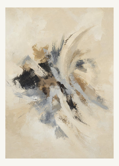 Abstrakt måleriskt motiv i elfenbensbeige, varm pärlvit. Korta, torra penseldrag möter en bredare rörelse i en färgrik mittpunkt med luft runt omkring. 50 × 70 cm.
