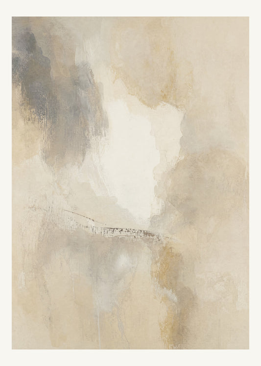 Abstrakt måleriskt motiv i elfenbensbeige, varm pärlvit. Mjuka färgfält löser upp sig kring ett ljust mellanrum, med diskreta skrapningar som ger ytan liv. 50 × 70 cm.