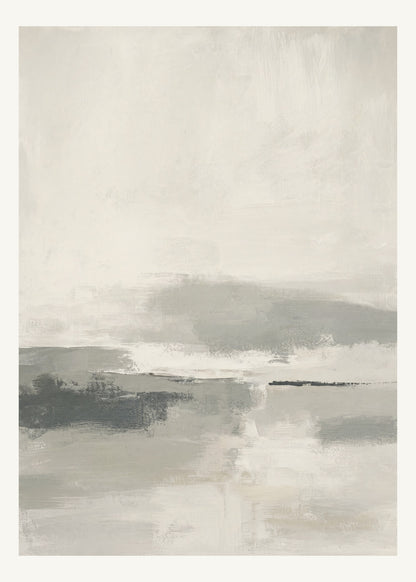 Abstrakt måleriskt motiv i varm ljus gråvit, benvit, mellangrå, gråsvart. Breda, ojämna färglager möts kring en avbruten horisont och lämnar gott om ljus luft. 50 × 70 cm.