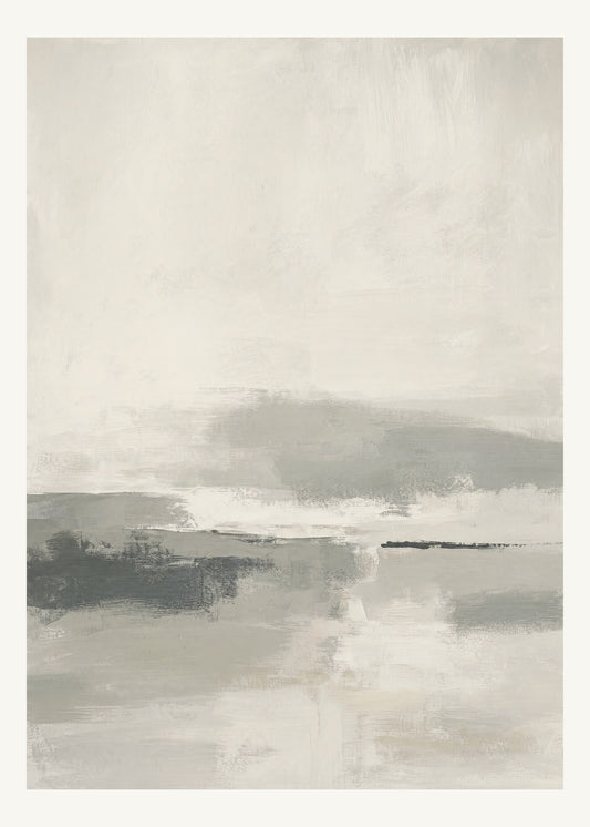 Abstrakt måleriskt motiv i varm ljus gråvit, benvit, mellangrå, gråsvart. Breda, ojämna färglager möts kring en avbruten horisont och lämnar gott om ljus luft. 50 × 70 cm.